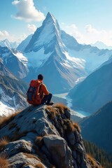 Fototapeta premium A lone backpack sits atop a rugged, snow-capped mountain peak overlooking a vast, breathtaking valley below, symbolizing the thrill and solitude of adventurous travel , nature, valley
