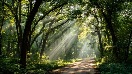 Fototapeta premium Sunlight streams through a verdant forest, illuminating a path and creating a serene atmosphere.