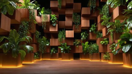 Wooden cube wall with green plants forming a vertical garden, lit by warm yellow lighting along the base. - Powered by Adobe