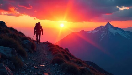 Adventurous Trekker Silhouetted Against a Vibrant Sunset over Breathtaking Alpine Scenery