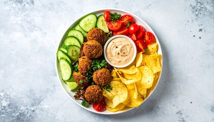 Falafel platter with fresh vegetables, dip, and potato chips