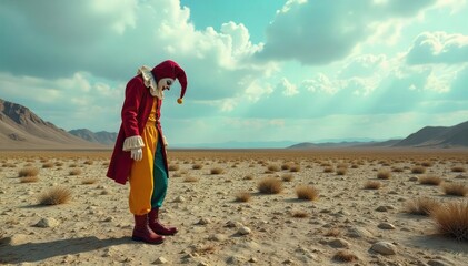 Fototapeta premium A lone jester figure stands in a desolate, barren landscape, head bowed, signifying isolation and folly , folly, outcast