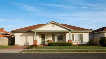 Single-story suburban home with a tiled roof and front garden under a clear blue sky