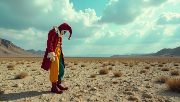 A lone jester figure stands in a desolate, barren landscape, head bowed, signifying isolation and folly , folly, outcast