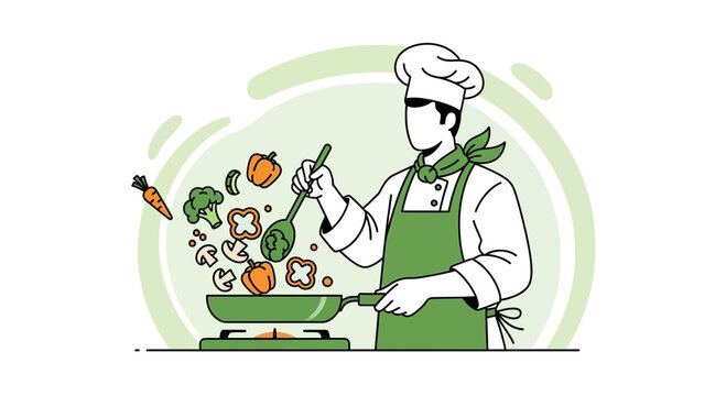 chef cooking vegetables in green pan clip art preview