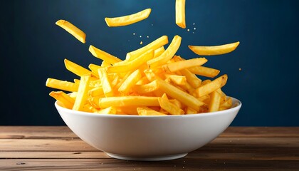 Crispy French fries in a bowl, flying in the air