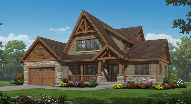 A house with a unique, asymmetrical gable roof