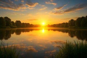 Obraz premium Golden Sunset Over Calm Lake with Tree Silhouettes and Cloud Reflections – Peaceful Evening Nature Landscape