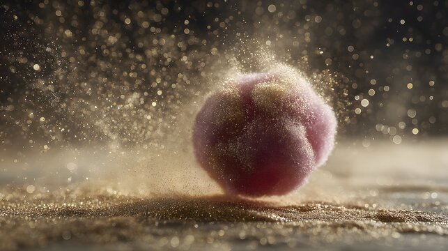 A pink, textured sphere, surrounded by a golden, glittering, and dynamic spray, rests on a surface of shimmering gold particles.