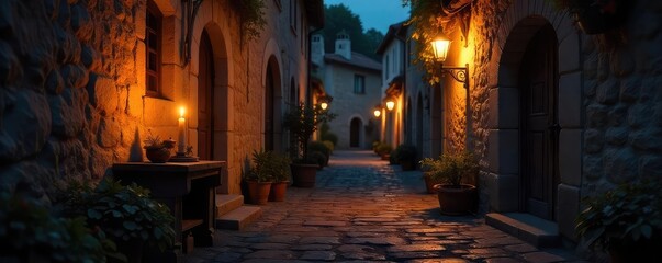 Fototapeta premium A rustic, flickering candle illuminates a cobblestone street at night, casting warm light and long shadows The scene evokes a sense of quiet, old-world charm and mystery , mysterious, evening