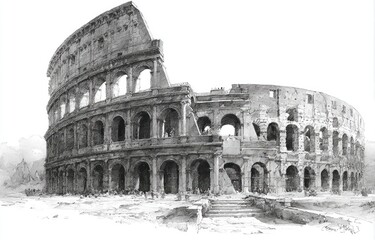 Naklejka premium Ruined ancient amphitheater, arches, and stone