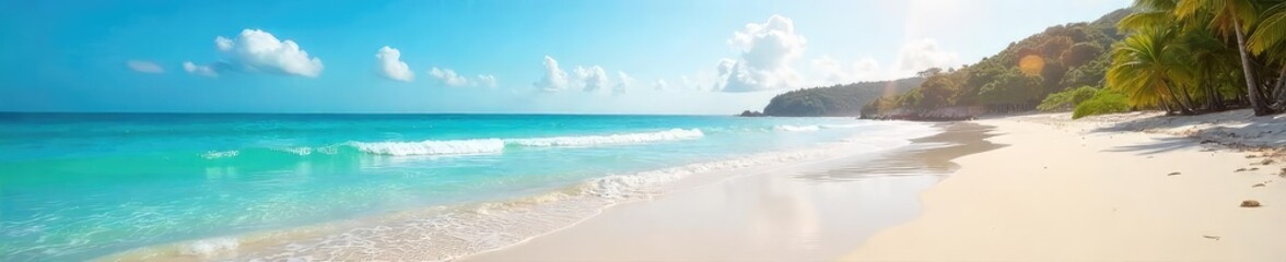 Fototapeta premium A secluded stretch of pristine beach, untouched and serene, waves gently lapping the shore under a vast, clear sky Perfect for relaxation and escape , sand, landscape