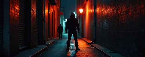 A shadowed figure, fists clenched, stands menacingly in a dimly lit alleyway The image evokes a sense of impending threat and urban danger , grunge, aggression, conflict