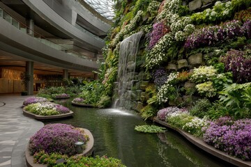 Indoor garden with cascading waterfall and flowerbeds