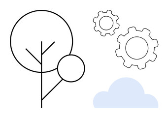 Abstract tree with thin branches, two outlined gears, and cloud graphic. Ideal for sustainability, innovation, collaboration, balance, environmental technology, eco-design simple landing page
