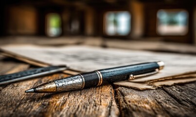 Naklejka premium Aged pen & paper on weathered wood