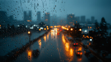 Obraz premium Abstract Blurred Rainy Window Background with Soft Light Distortions and Melancholic Mood Featuring City Lights Bokeh