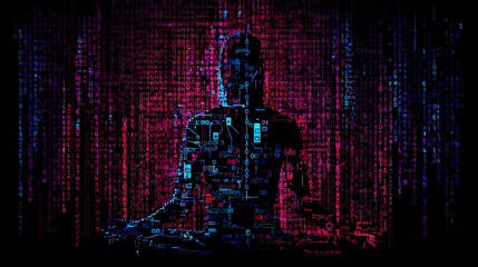 Abstract neon data network silhouette formed from binary code on dark background, symbolizing anonymous hackers and cybersecurity threats