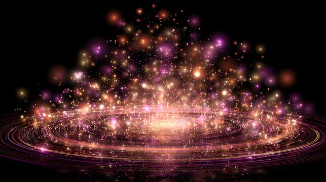 A swirling galaxy of luminous particles radiates outward against a deep black backdrop, creating an ethereal and captivating visual.