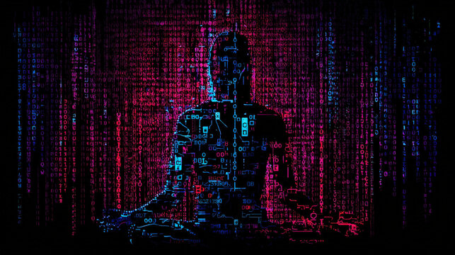 Abstract neon data network silhouette formed from binary code on dark background, symbolizing anonymous hackers and cybersecurity threats - Powered by Adobe