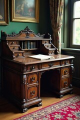 Antique Victorian Writing Desk Ornate Carvings & Aged Patina, Perfect for Historical or Vintage Home Decor Still Life Photography