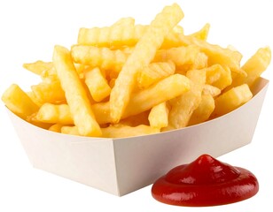 Crispy french fries in a paper container with ketchup
