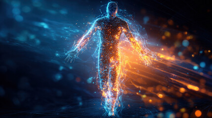 Abstract neon data network silhouette formed from binary code on dark background, symbolizing anonymous hackers and cybersecurity threats