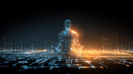 Abstract neon data network silhouette formed from binary code on dark background, symbolizing anonymous hackers and cybersecurity threats