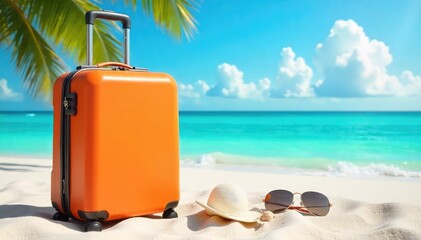 A brightly colored suitcase sits on a sunny beach, ready for a relaxing getaway Seashells and sunglasses add to the vacation vibe, suggesting carefree travel and summer adventures , journey, ocean