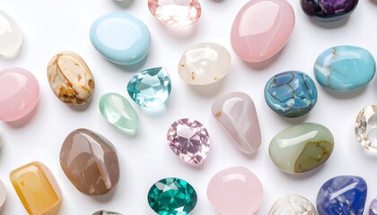 A collection of colorful gemstones and polished stones arranged on a white background.  Various shapes and shades