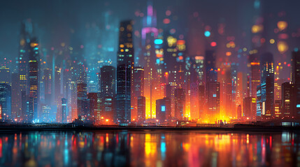 Fototapeta premium Abstract Futuristic City at Night Background with Blurred Neon Lights and Glowing Skyscrapers