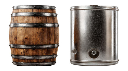 Isolated Wooden Barrel and Metal Drum on Transparent Background