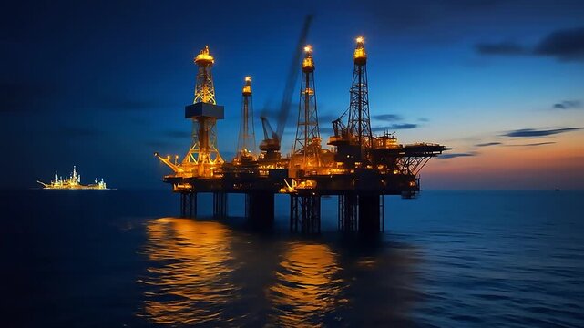 an offshore oil rig illuminated by bright golden lights
