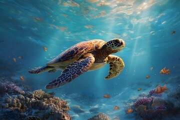 Obraz premium Underwater, a sea turtle swims gracefully through vibrant coral reef and beams of sunlight.
