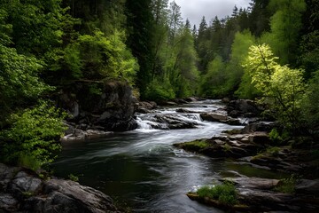 Fototapeta premium A flowing river in a lush forest on a cloudy day.