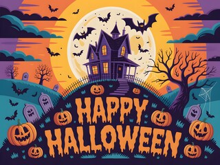 Whimsical Halloween Night Cartoon Landscape with Spooky House Pumpkins and Bats Against a Full Moon Backdrop
