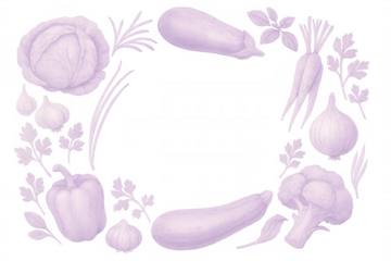 Purple vegetables and herbs hand-drawn in oval frame, creating culinary graphic element with transparent background