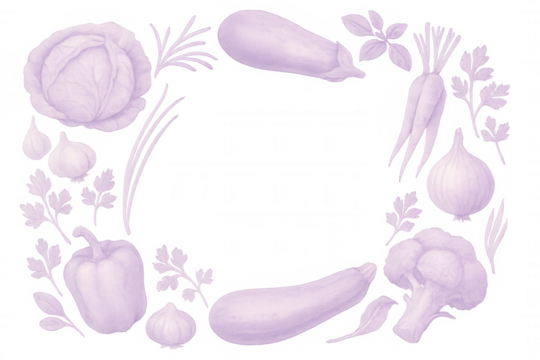 Purple vegetables and herbs hand-drawn in oval frame, creating culinary graphic element with transparent background