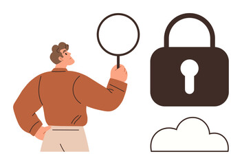 Person inspects details with magnifying glass near large padlock and cloud, focusing on privacy, data encryption, cybersecurity, digital communication, secure technology, cloud storage, simple flat