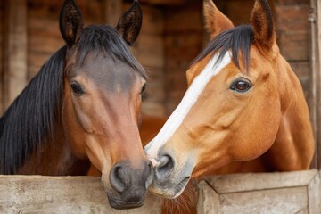 Two horses nuzzling inside stable showing affection