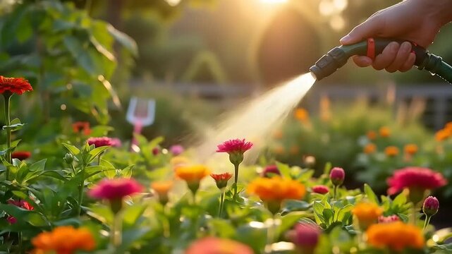 Watering Flowers Sunset Garden Hose Gardening.