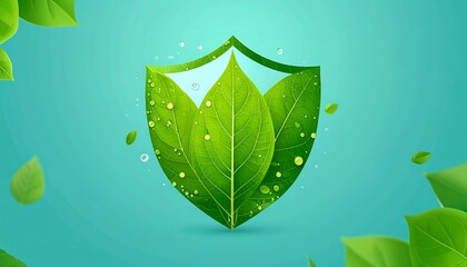 Green leaves forming a protective shield, water droplets, teal background