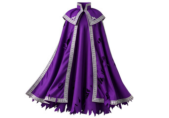 A dramatic, deep purple cape with intricate silver trim and decorative cutouts against a stark black background.