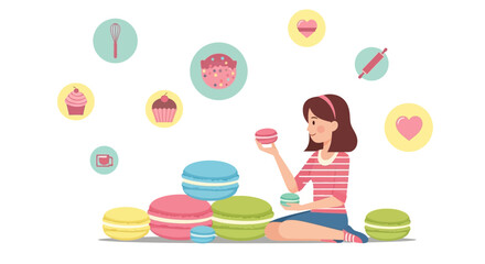 Happy Baker Preparing Delightful Pastries, Macarons, And Cupcakes in a Cheerful Illustration