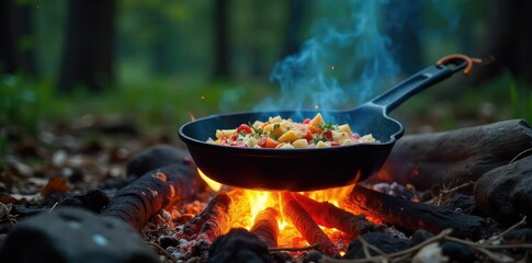 A crackling campfire with a cast iron skillet cooking food over the glowing embers, surrounded by nature's beauty , dinner, hot
