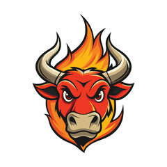 Fierce red bull head surrounded by flames symbolizing power and aggression