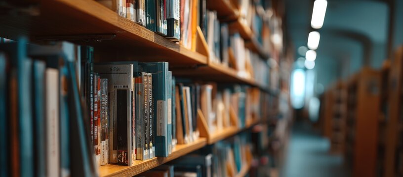 A neat stack of various books resting on top of a bookshelf in a library