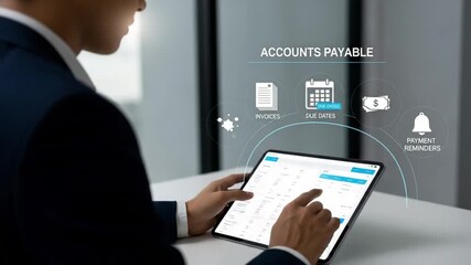 Man using tablet for accounts payable with invoices due dates and payment reminders displayed - Powered by Adobe