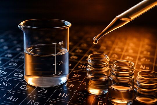 AI generated laboratory scene with a glass beaker on periodic table and pipette dropping liquid symbolizing chemistry research precision and modern scientific innovation
