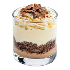 Layered tiramisu dessert in glass jar with creamy mascarpone, chocolate shavings, cocoa powder, and coffee soaked cake, creating rich and indulgent treat